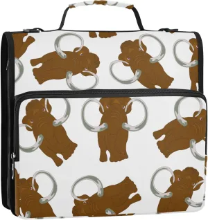 Animal Mammoth Pattern Zipper Binder, 1.5 inch 3 Ring Binder Organizer Bag with Shoulder Strap and Handle, 500 Sheet Capacity