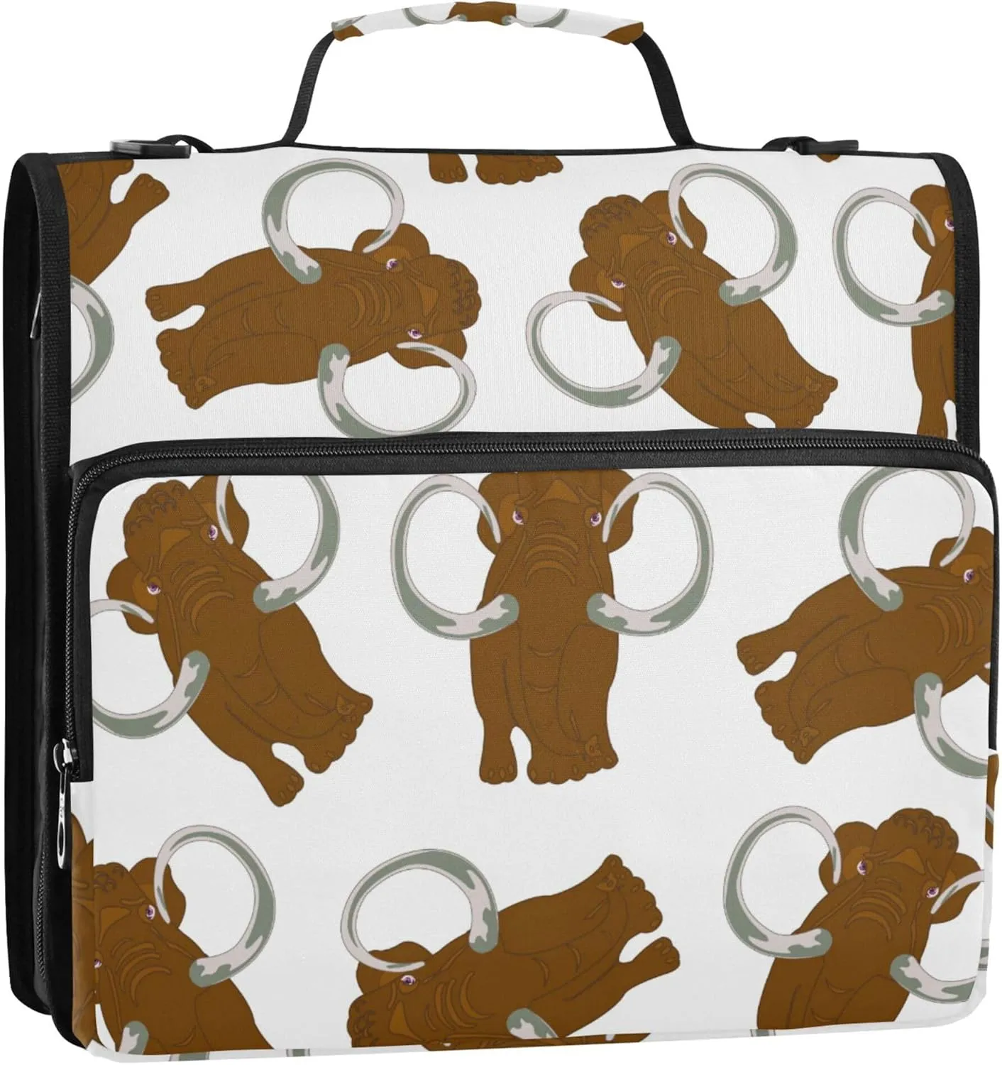 Animal Mammoth Pattern Zipper Binder, 1.5 inch 3 Ring Binder Organizer Bag with Shoulder Strap and Handle, 500 Sheet Capacity
