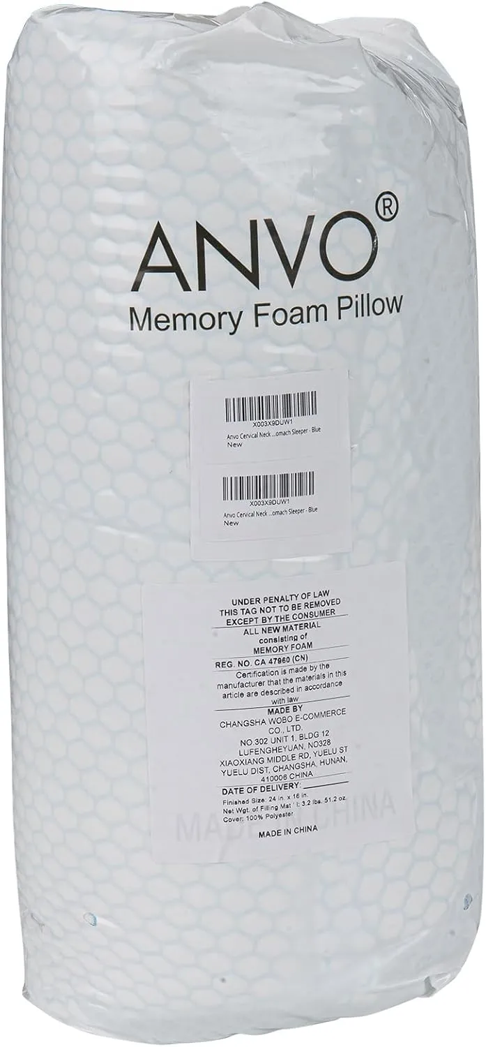 Anvo Cervical Neck Pillow for Neck and Shoulder Pain - Memory Foam Pillows for Pain Relief Sleeping, Contour Orthopedic for Side Back Stomach Sleeper, Blue Firm