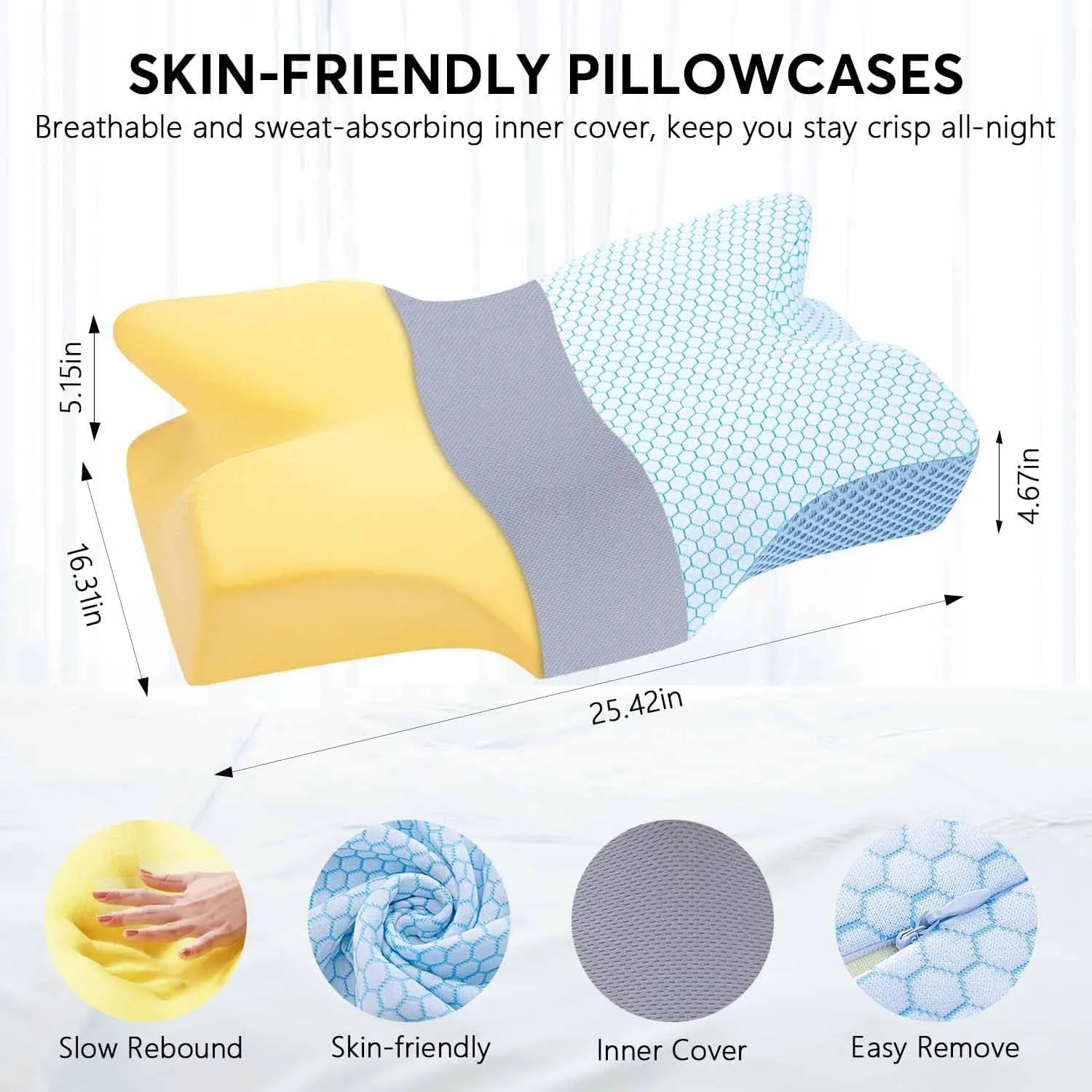 Anvo Cervical Neck Pillow for Neck and Shoulder Pain - Memory Foam Pillows for Pain Relief Sleeping, Contour Orthopedic for Side Back Stomach Sleeper, Blue Firm