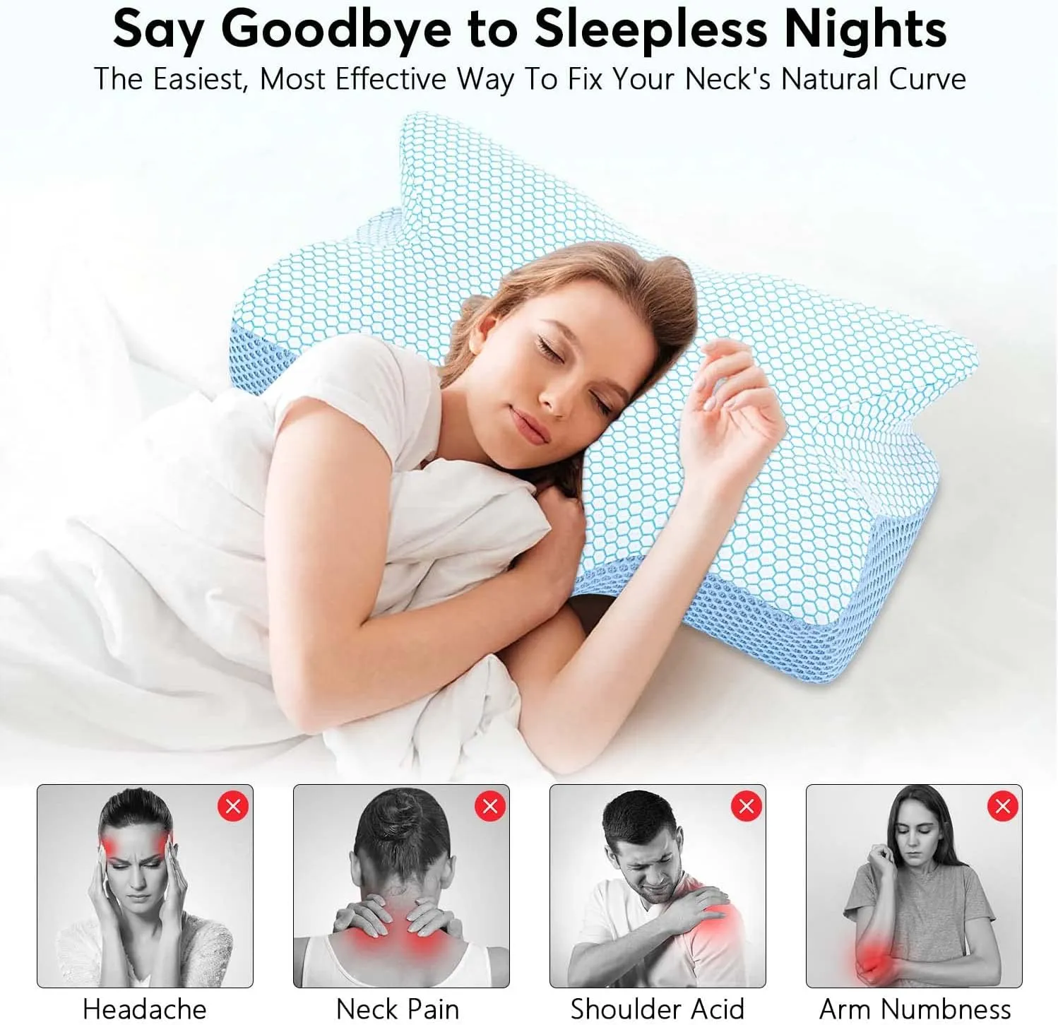 Anvo Cervical Neck Pillow for Neck and Shoulder Pain - Memory Foam Pillows for Pain Relief Sleeping, Contour Orthopedic for Side Back Stomach Sleeper, Blue Firm