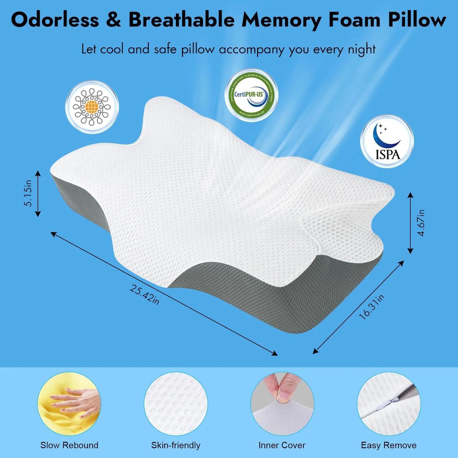 Anvo Cervical Pillow for Neck Pain Relief, Memory Foam Pillows for Neck and Shoulder Pain, Orthopedic Ergonomic Design for Sleeping, Suitable for Side Back and Stomach Sleeper, Grey Firm