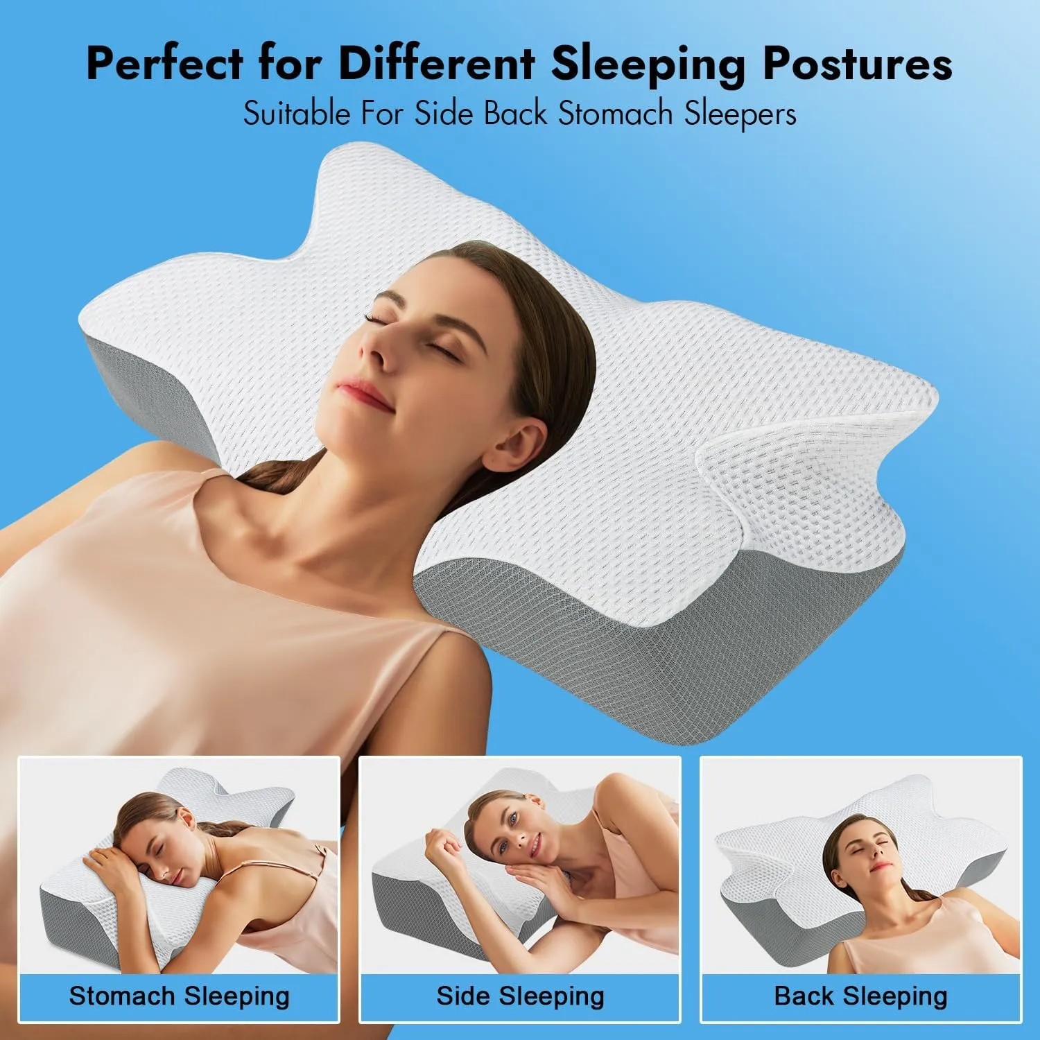 Anvo Cervical Pillow for Neck Pain Relief, Memory Foam Pillows for Neck and Shoulder Pain, Orthopedic Ergonomic Design for Sleeping, Suitable for Side Back and Stomach Sleeper, Grey Firm