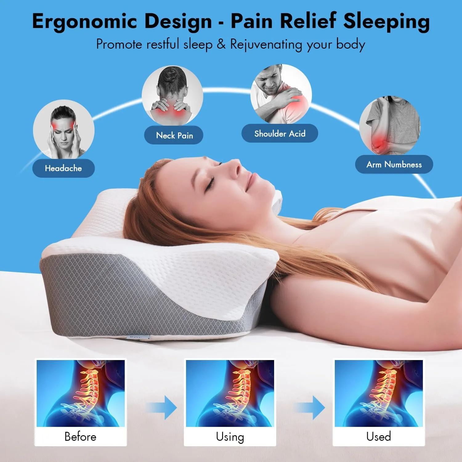 Anvo Cervical Pillow for Neck Pain Relief, Memory Foam Pillows for Neck and Shoulder Pain, Orthopedic Ergonomic Design for Sleeping, Suitable for Side Back and Stomach Sleeper, Grey Firm