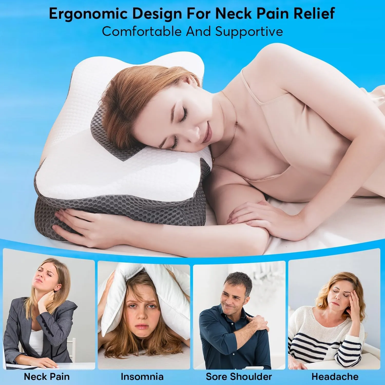 Anvo Cervical Pillow for Neck Pain Relief - Neck Pillows for Pain Relief Sleeping - Pillow for Neck and Shoulder Pain - Ergonomic Design for Side Back Stomach Sleeper-Dark Black Queen Firm