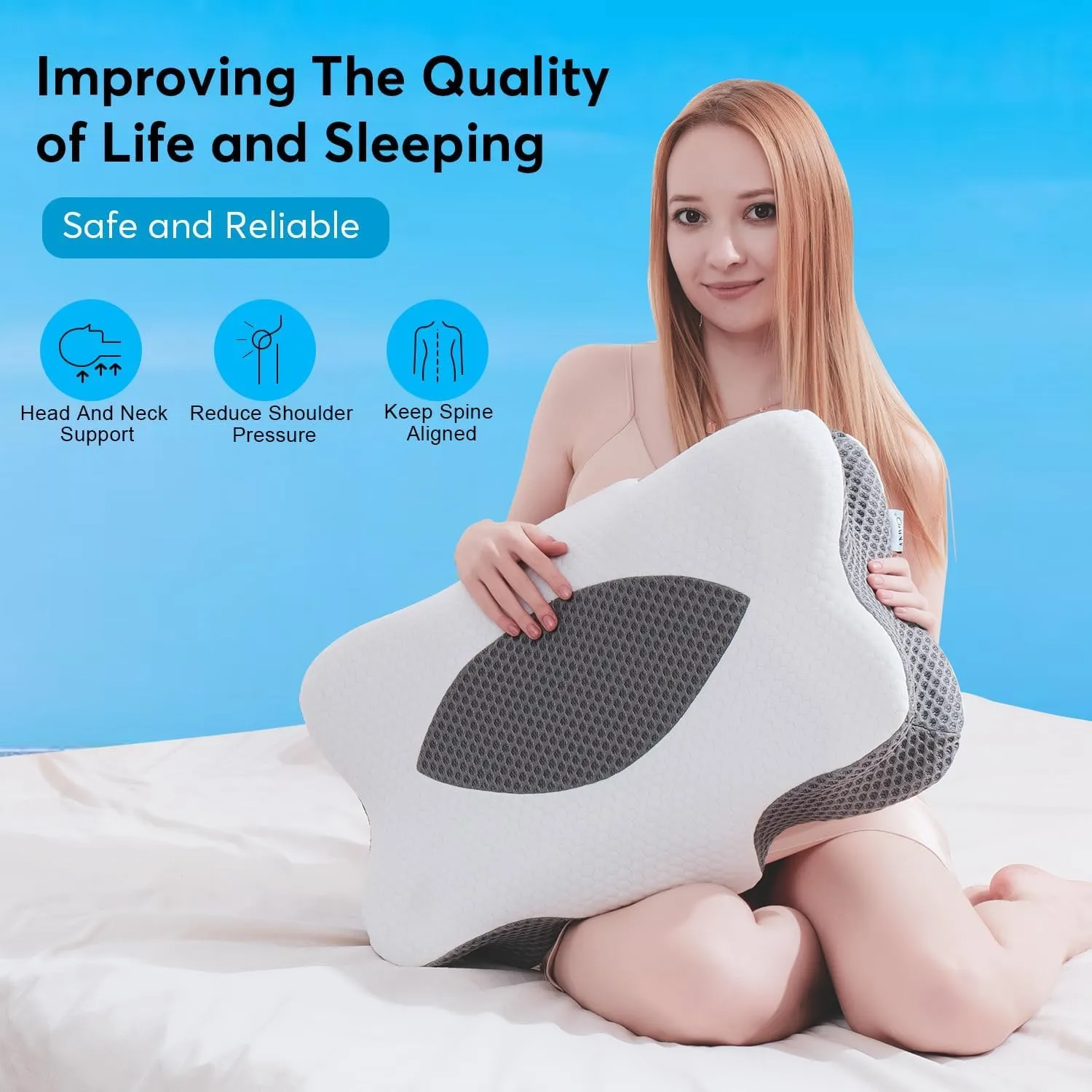 Anvo Cervical Pillow for Neck Pain Relief - Neck Pillows for Pain Relief Sleeping - Pillow for Neck and Shoulder Pain - Ergonomic Design for Side Back Stomach Sleeper-Dark Black Queen Firm