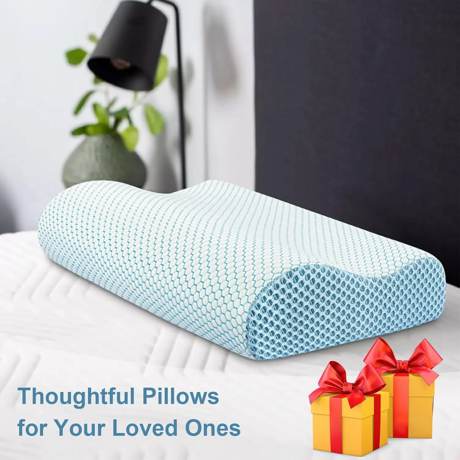Anvo Memory Foam Pillow, Neck Contour Cervical Orthopedic Bed Pillow for Sleeping Side Back Stomach Sleeper, Ergonomic Design for Neck and Shoulder Pain Relief, Blue White, Firm