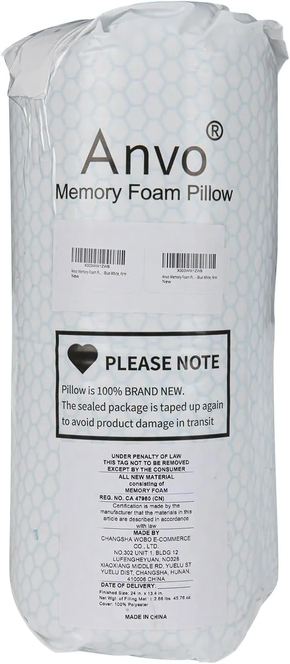 Anvo Memory Foam Pillow, Neck Contour Cervical Orthopedic Bed Pillow for Sleeping Side Back Stomach Sleeper, Ergonomic Design for Neck and Shoulder Pain Relief, Blue White, Firm