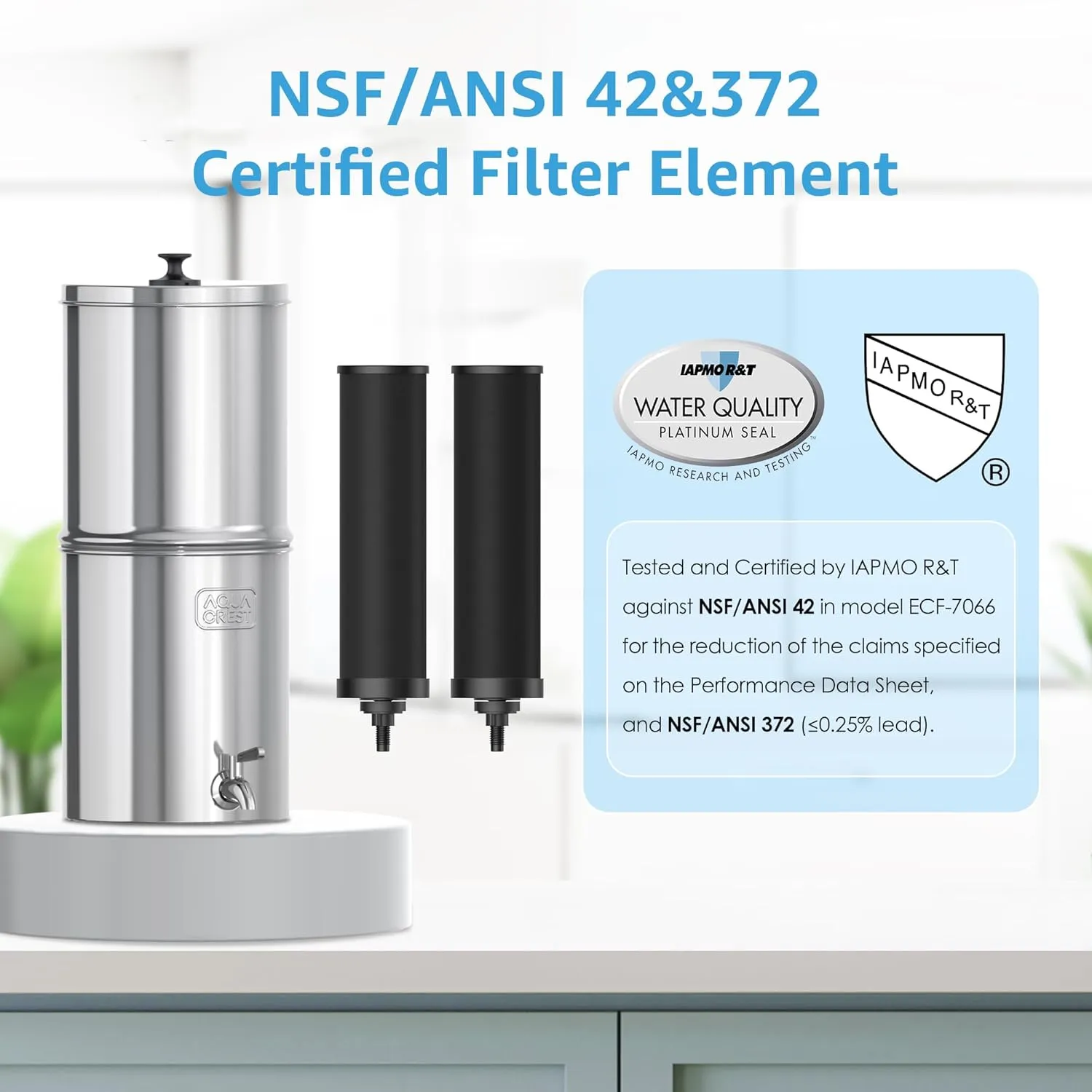 Aqua Crest Gravity Water Filter System, NSF/ANSI 42&372 Certified Black Carbon Filters, Reduce Lead and Up to 99% Chlorine, 2.25G, for Home, Camping, RVing, Off-Grid, Emergencies, AQ-TN-A