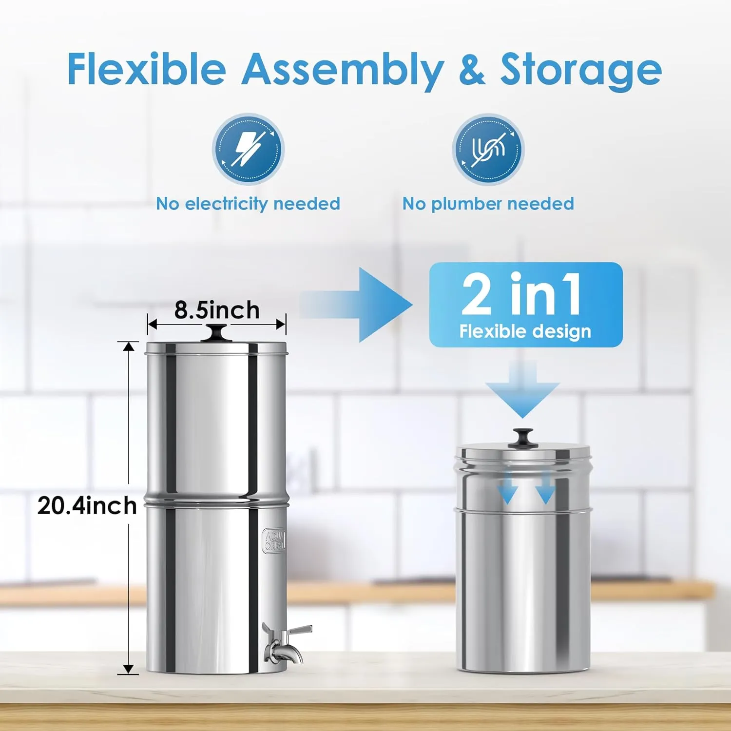 Aqua Crest Gravity Water Filter System, NSF/ANSI 42&372 Certified Black Carbon Filters, Reduce Lead and Up to 99% Chlorine, 2.25G, for Home, Camping, RVing, Off-Grid, Emergencies, AQ-TN-A
