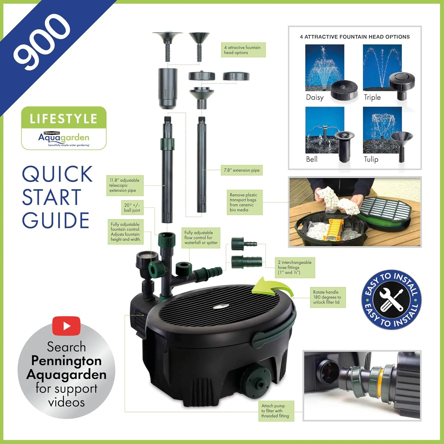 Aquagarden Pennington, Inpond 6 in 1 Pond & Water Pump, Filter, UV Clarifier, LED Spotlight,All in One Solution for a Clean, Clear and Beautiful Pond, for Ponds up to 900 Gallon, Black