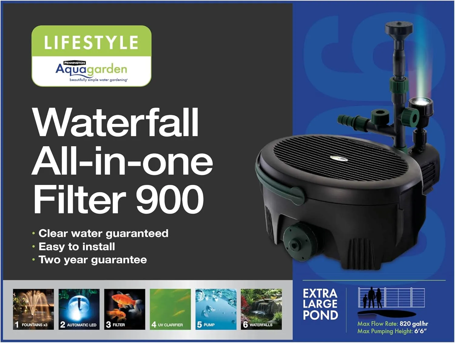 Aquagarden Pennington, Inpond 6 in 1 Pond & Water Pump, Filter, UV Clarifier, LED Spotlight,All in One Solution for a Clean, Clear and Beautiful Pond, for Ponds up to 900 Gallon, Black