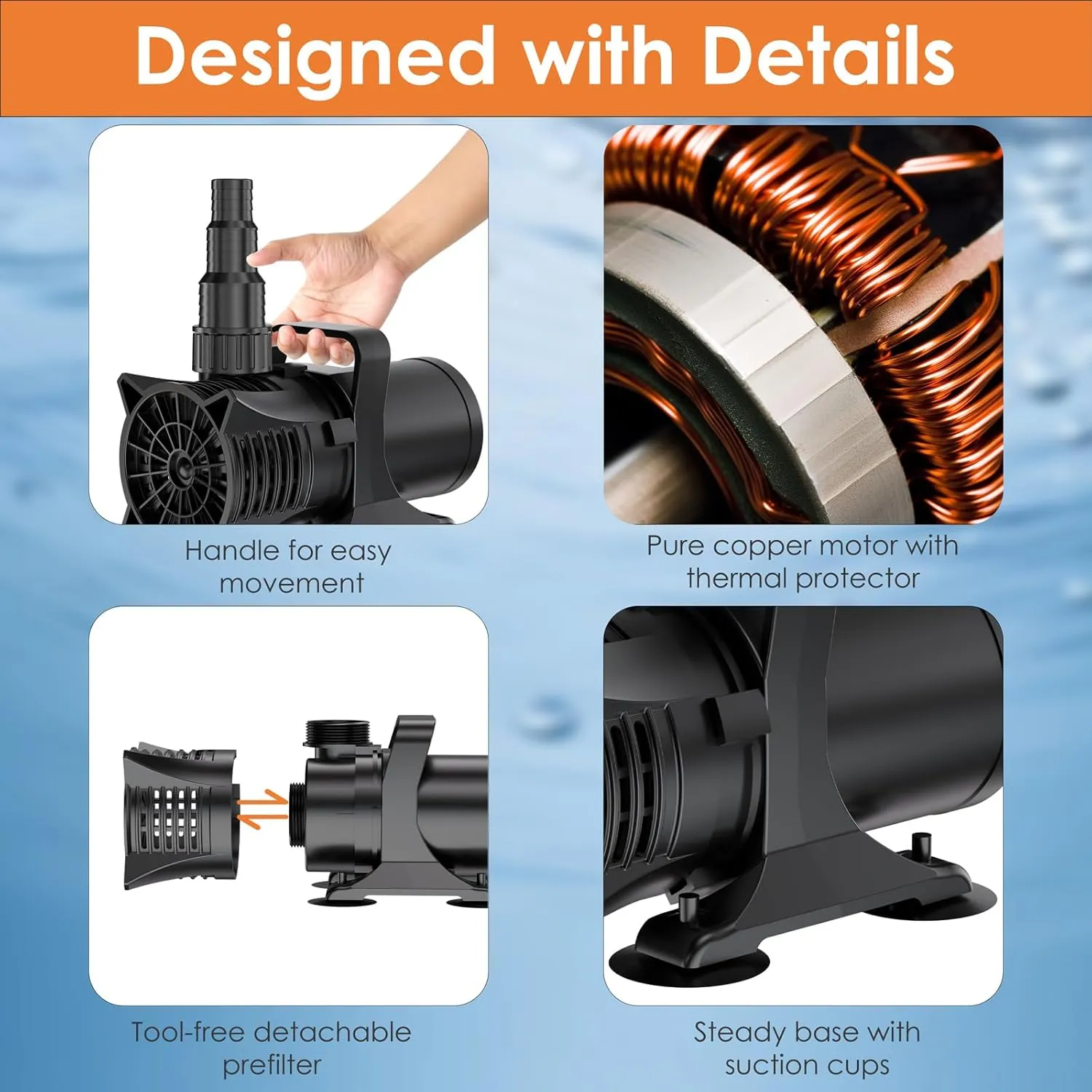 AquaMiracle 1800GPH Submersible Water Pump UL Certified Pond Pump Fountain Pump Aquarium Water Pumps for Pond, Waterfall, Fountain, Fish Tank, or Hydroponics
