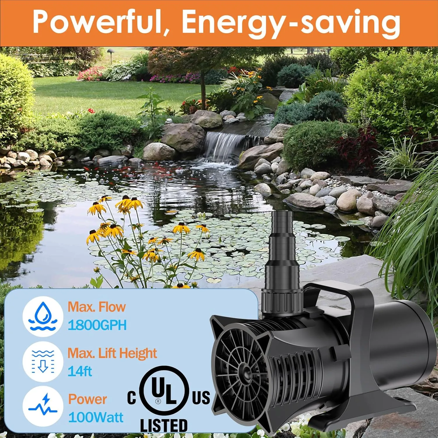 AquaMiracle 1800GPH Submersible Water Pump UL Certified Pond Pump Fountain Pump Aquarium Water Pumps for Pond, Waterfall, Fountain, Fish Tank, or Hydroponics