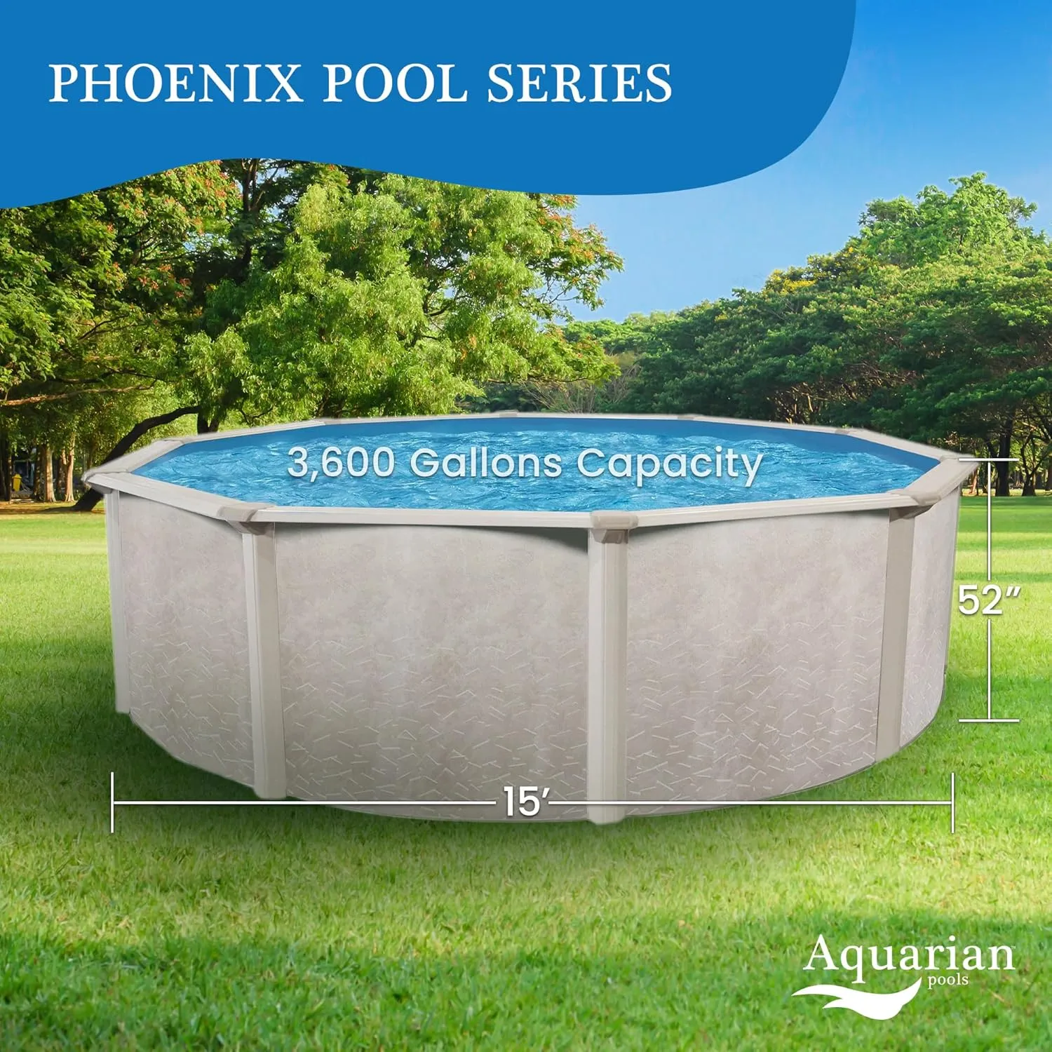 Aquarian Above Ground Pool Kit w/Pump & Leaf Skimmer, Phoenix Steel-Frame, 15', Cognac - Large Heavy-Duty Outdoor Family Swimming Pool for Backyard, Patio, and Yard