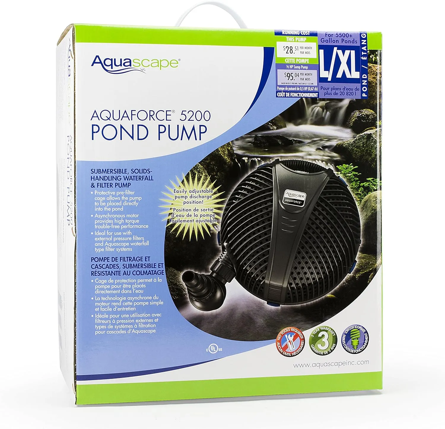 Aquascape 91013 AquaForce 5200 Asynchronous Pump with Protective Cage for Ponds and Pondless Waterfalls, 5,284 GPH