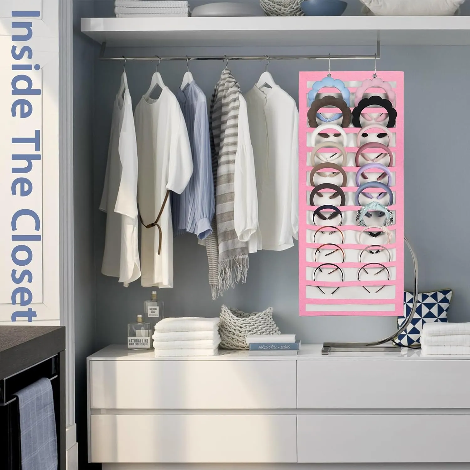 Artilife Hanging Headband Holder for Over the Door and Closet, 24 Slots Felt Head Band Organizer Shelf