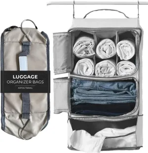 Artos Hanging Portable Luggage Suitcase Carry On Closet Shelving Organizer w/Hooks| for Travel, Camper, RV |Packing Cube(Grey)