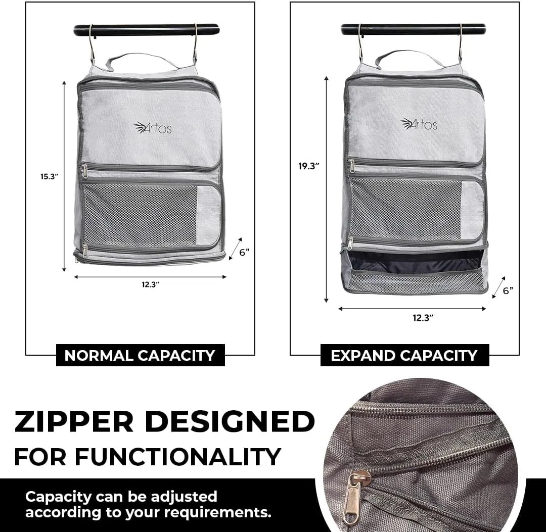 Artos Hanging Portable Luggage Suitcase Carry On Closet Shelving Organizer w/Hooks| for Travel, Camper, RV |Packing Cube(Grey)