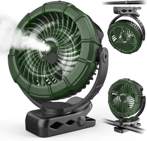 Ausic Portable Misting Clip on Fan, 100ml Camping Stroller Fan with Mist, 5200mAh Outdoor Rechargeable Battery Operated Fans, 360° Rotate Cooling Spray Fans for Travel/Home/Beach/Golf Cart