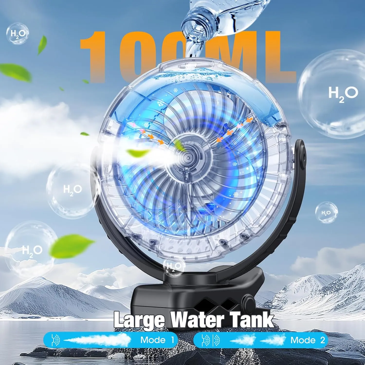 Ausic Portable Misting Clip on Fan, 100ml Camping Stroller Fan with Mist & LED, 5200mAh Outdoor Rechargeable Battery Operated Fans, 360° Rotate Cooling Spray Golf Cart Fans for Travel/Home/Beach