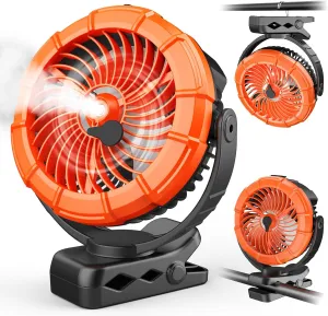 Ausic Portable Misting Clip on Fan, 100ml Camping Stroller Fan with Mist & LED, 5200mAh Outdoor Rechargeable Battery Operated Fans, 360° Rotate Cooling Spray Golf Cart Fans for Travel/Home/Beach