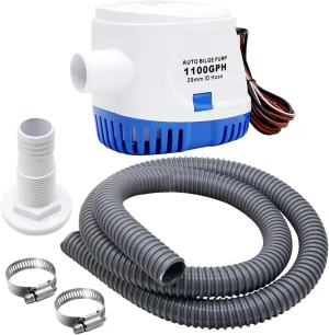Automatic Boat Bilge Pump Kit for Boats, 1-1/8 Inch Pump Plumbing Kit, Including 12v 1100 GPH, 1pcs Hose, 2pcs Hose Clamps and 1pcs Thru-Hull Fitting