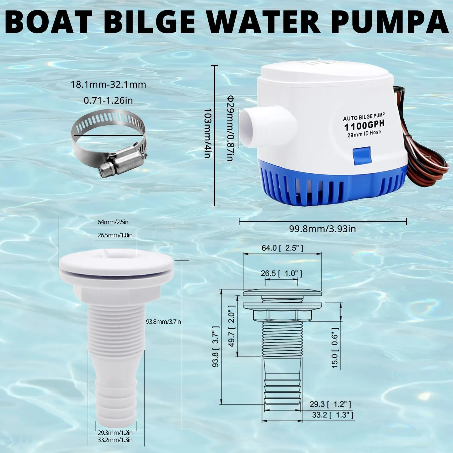 Automatic Boat Bilge Pump Kit for Boats, 1-1/8 Inch Pump Plumbing Kit, Including 12v 1100 GPH, 1pcs Hose, 2pcs Hose Clamps and 1pcs Thru-Hull Fitting