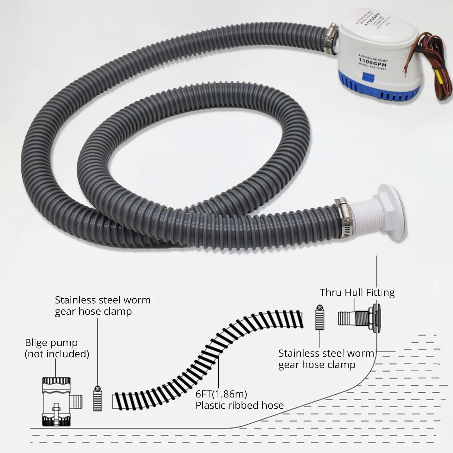 Automatic Boat Bilge Pump Kit for Boats, 1-1/8 Inch Pump Plumbing Kit, Including 12v 1100 GPH, 1pcs Hose, 2pcs Hose Clamps and 1pcs Thru-Hull Fitting