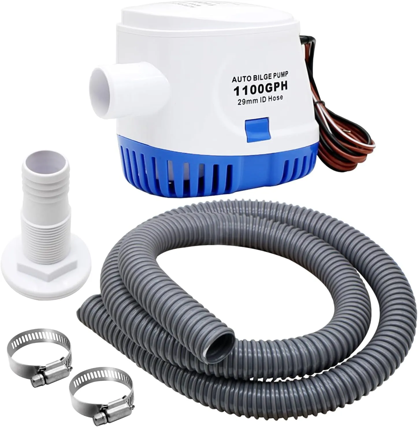 Automatic Boat Bilge Pump Kit for Boats, 1-1/8 Inch Pump Plumbing Kit, Including 12v 1100 GPH, 1pcs Hose, 2pcs Hose Clamps and 1pcs Thru-Hull Fitting