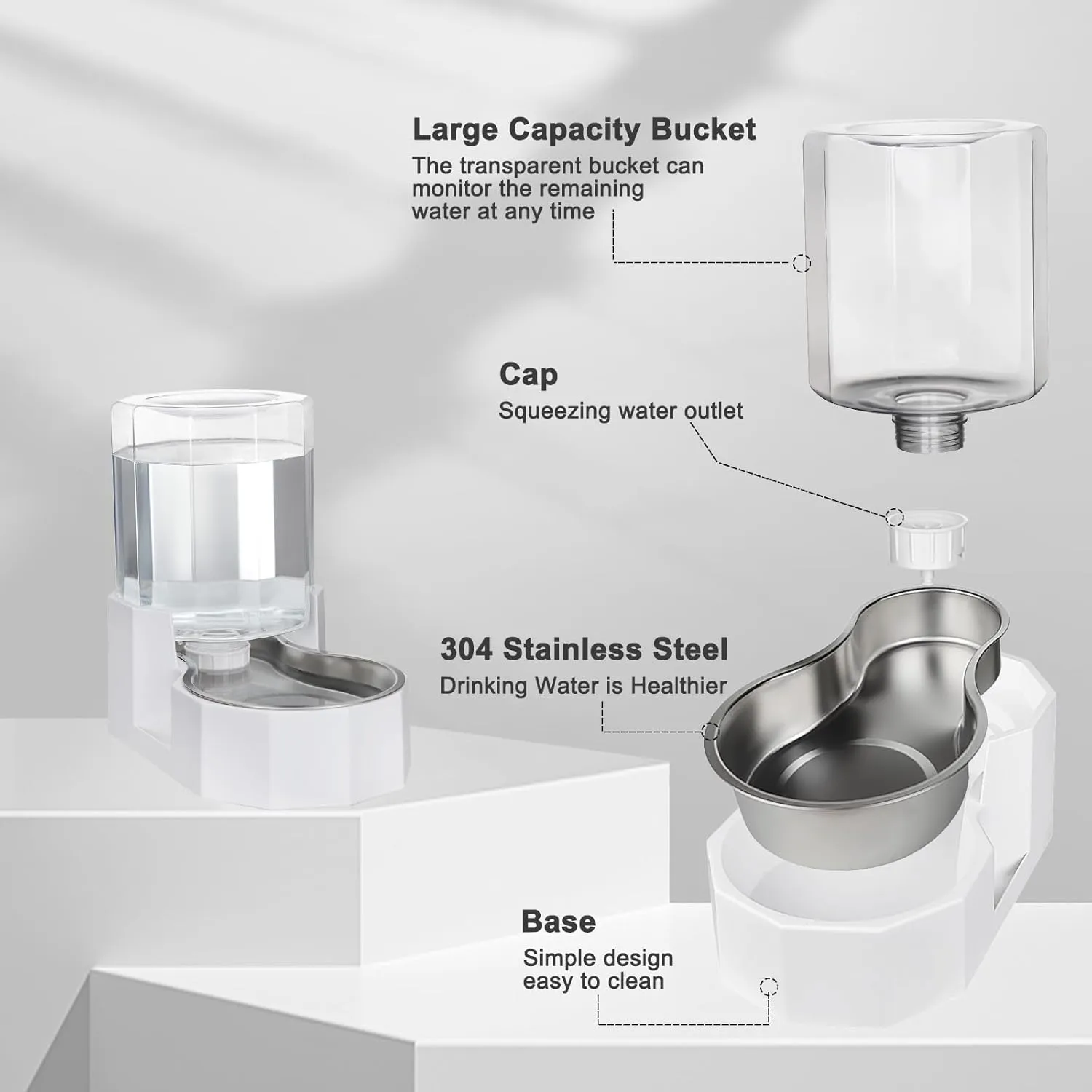 Automatic Pet Water Dispenser with Stainless Steel Bowl, Gravity Waterer, Angular Water Feeder for Small to Large Dogs and Cats (White, 4L Without Filter)