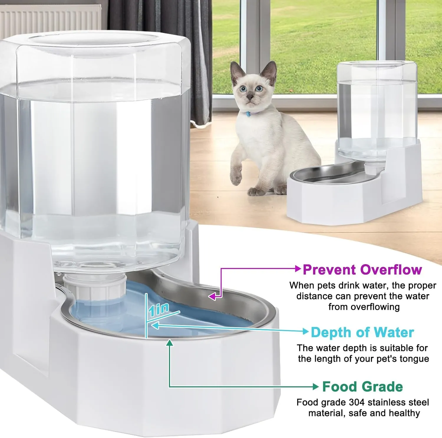 Automatic Pet Water Dispenser with Stainless Steel Bowl, Gravity Waterer, Angular Water Feeder for Small to Large Dogs and Cats (White, 4L Without Filter)