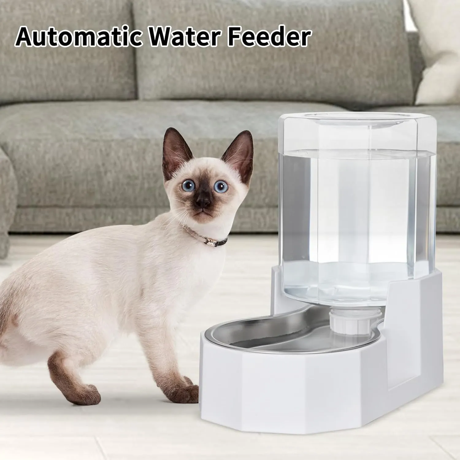Automatic Pet Water Dispenser with Stainless Steel Bowl, Gravity Waterer, Angular Water Feeder for Small to Large Dogs and Cats (White, 4L Without Filter)