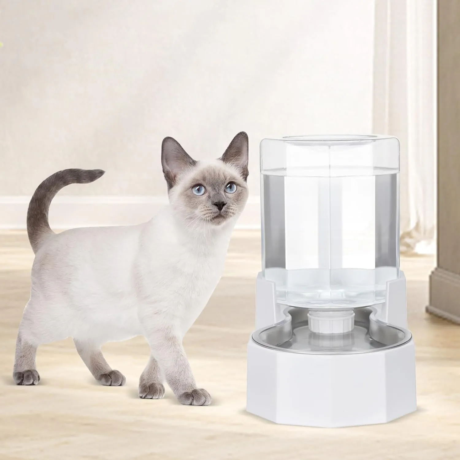 Automatic Pet Water Dispenser with Stainless Steel Bowl, Gravity Waterer, Angular Water Feeder for Small to Large Dogs and Cats (White, 4L Without Filter)