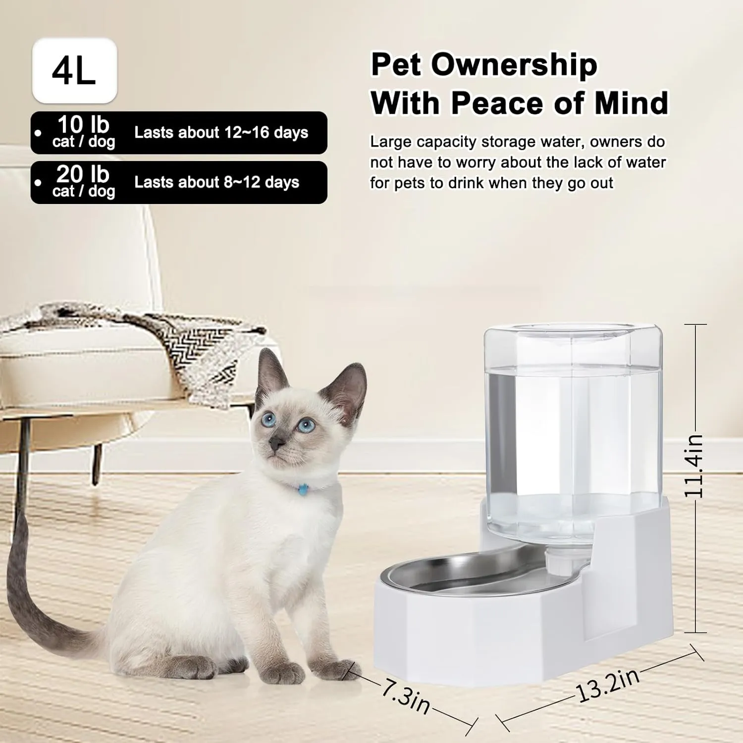 Automatic Pet Water Dispenser with Stainless Steel Bowl, Gravity Waterer, Angular Water Feeder for Small to Large Dogs and Cats (White, 4L Without Filter)