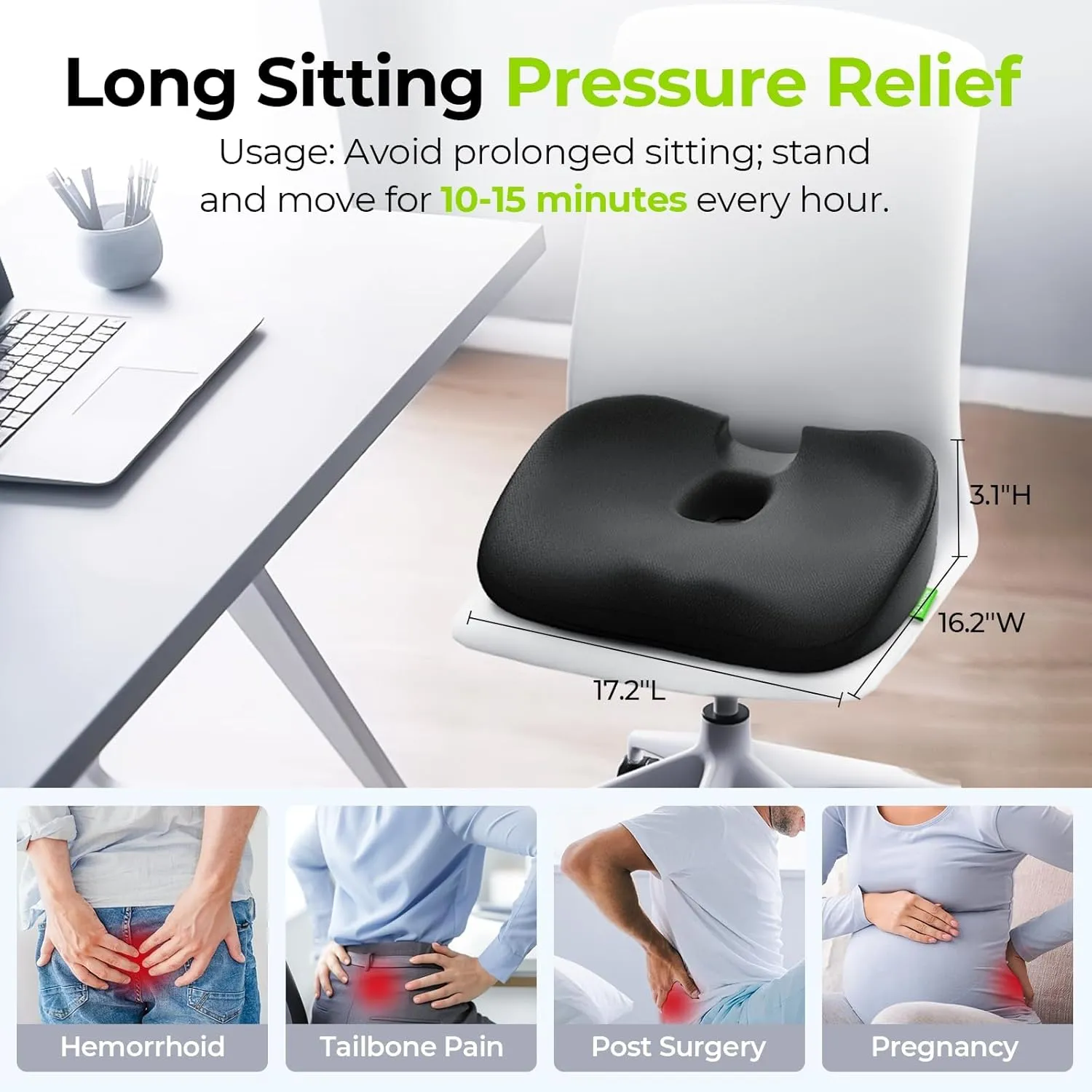 AUVON Innovative Donut Pillow Hemorrhoids Scientific Center Hole and Tailbone Cutout, Orthopedic Pain Relief Donut Seat Cushion for Coccyx, Sciatica, Postpartum Pregnancy, After Surgery Sitting Relief