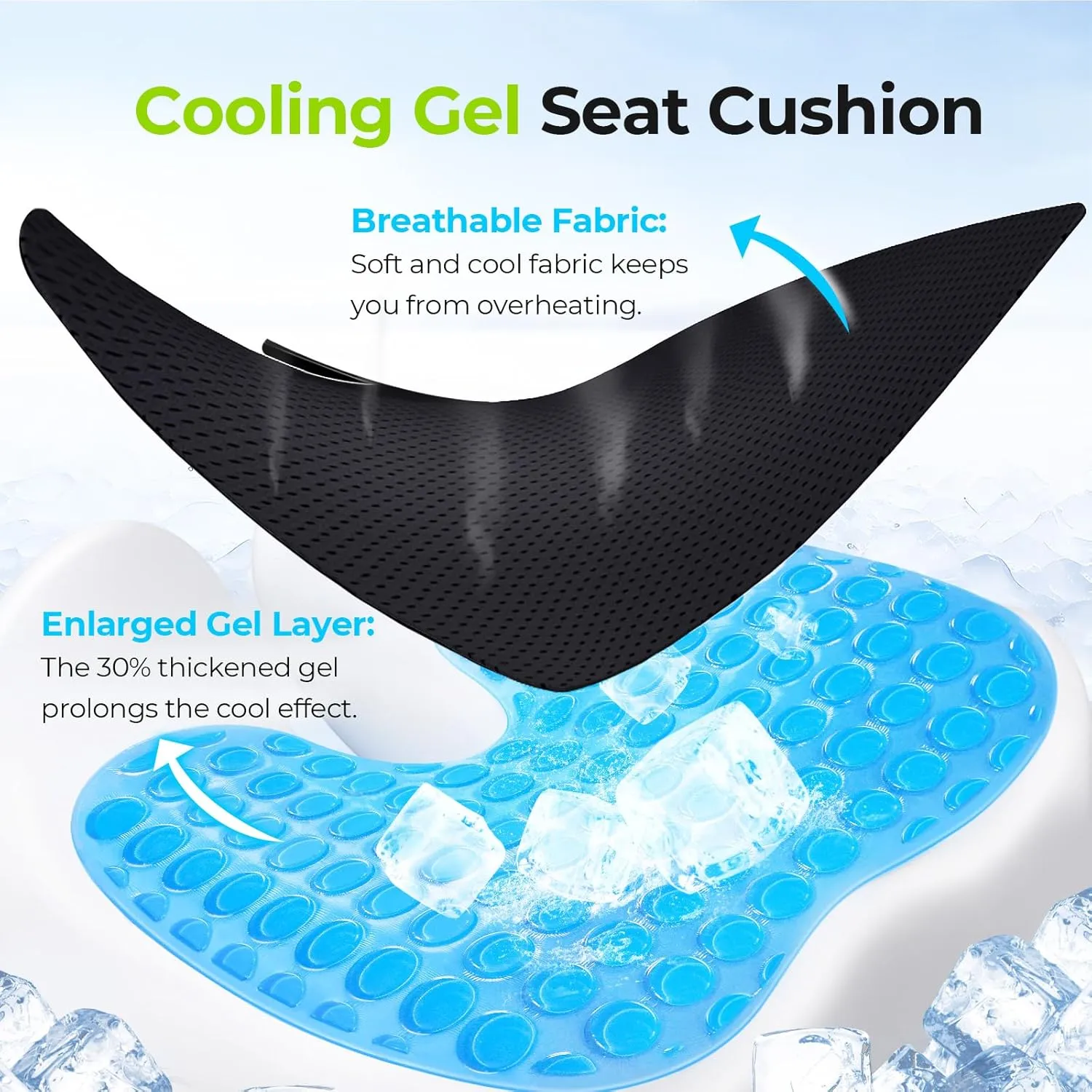 AUVON Multi-Layer Gel Cushion for Ideal Support & Softness, Cooling Memory Foam Cushion for Hemorrhoid, Sciatica & Tailbone Pain Relief, Anti-Slip Back Seat Pillow, FSA HSA Eligible