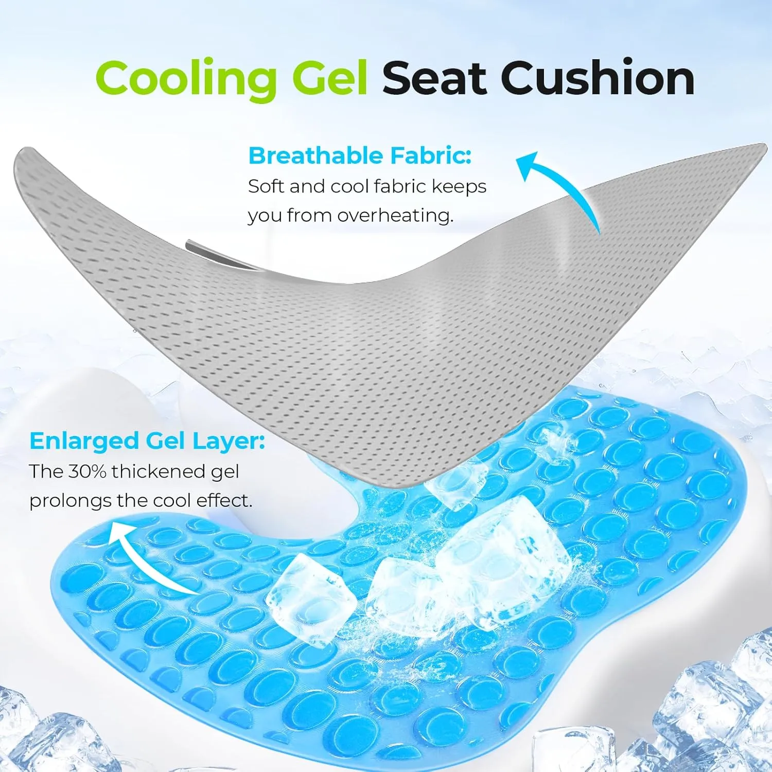 AUVON Multi-Layer Gel Cushion for Ideal Support & Softness, Cooling Memory Foam Cushion for Hemorrhoid, Sciatica & Tailbone Pain Relief, Anti-Slip Back Seat Pillow, FSA HSA Eligible