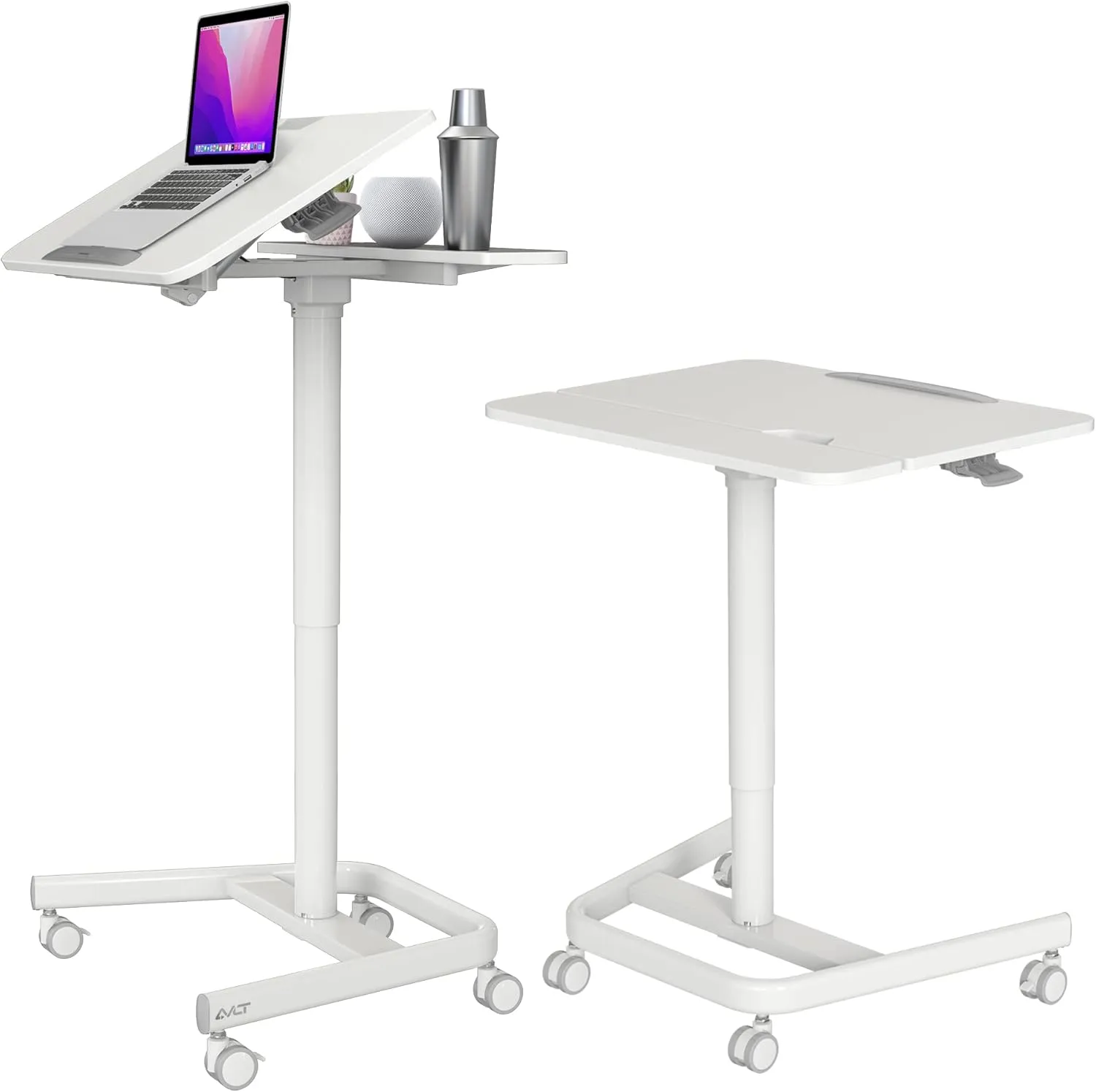 AVLT 47" Ambidextrous Mobile Standing Desk with Split Top Tilting Tray (3 ft 11 inches) - Pneumatic Laptop Cart - Rolling White Cart with Brake Casters