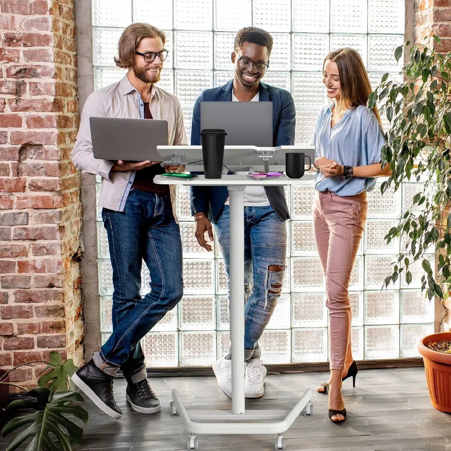 AVLT 47" Ambidextrous Mobile Standing Desk with Split Top Tilting Tray (3 ft 11 inches) - Pneumatic Laptop Cart - Rolling White Cart with Brake Casters