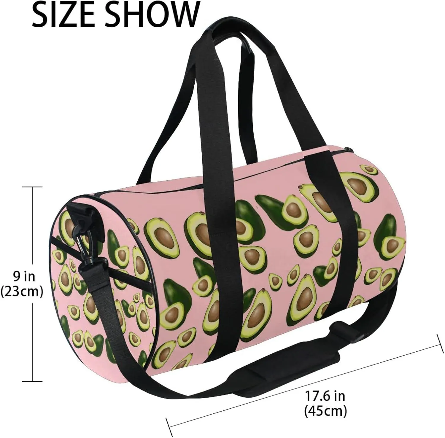 Avocado Fruits on Pink Duffel Bag, Foldable Canvas Travel Tote for Gym Sports with Inner Pockets, Durable Lightweight Fitness Bag for Overnight Workout