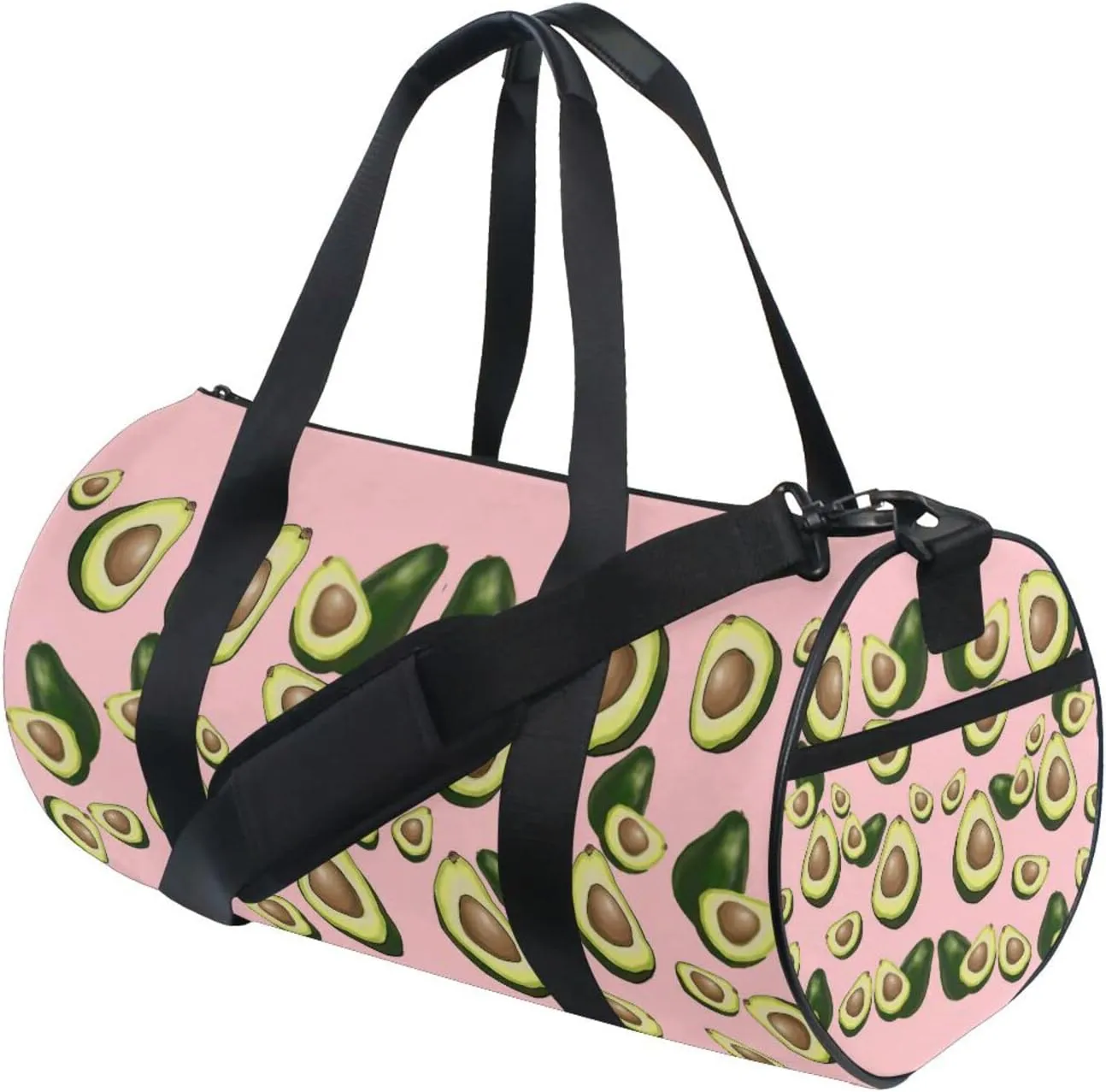 Avocado Fruits on Pink Duffel Bag, Foldable Canvas Travel Tote for Gym Sports with Inner Pockets, Durable Lightweight Fitness Bag for Overnight Workout