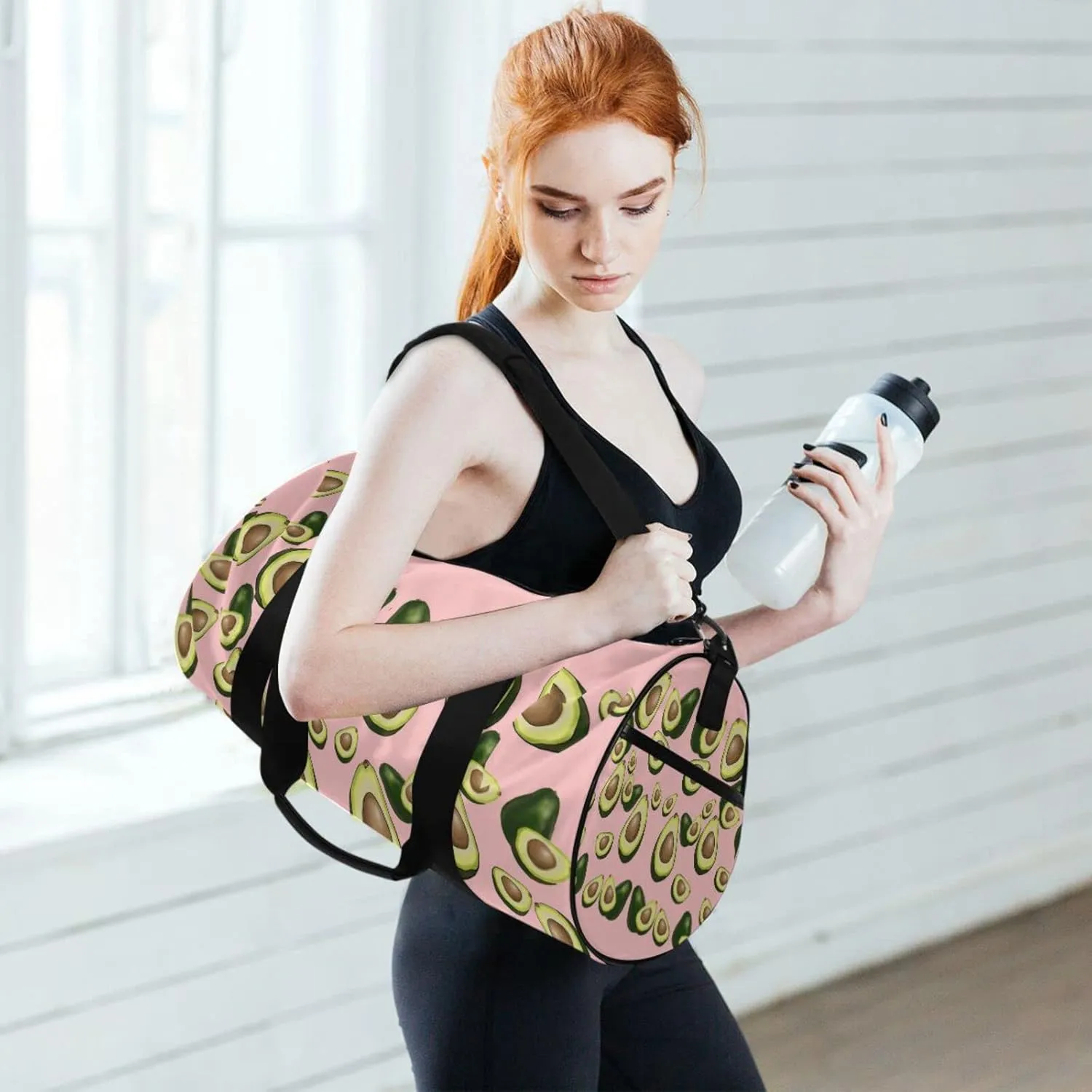 Avocado Fruits on Pink Duffel Bag, Foldable Canvas Travel Tote for Gym Sports with Inner Pockets, Durable Lightweight Fitness Bag for Overnight Workout