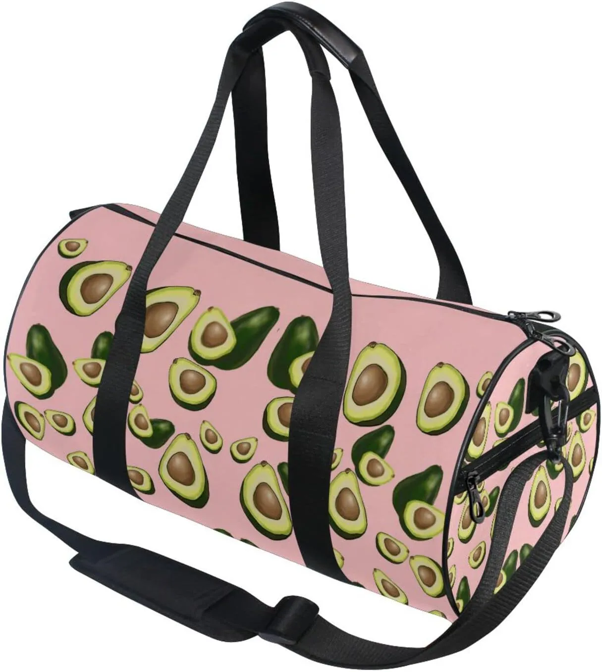 Avocado Fruits on Pink Duffel Bag, Foldable Canvas Travel Tote for Gym Sports with Inner Pockets, Durable Lightweight Fitness Bag for Overnight Workout