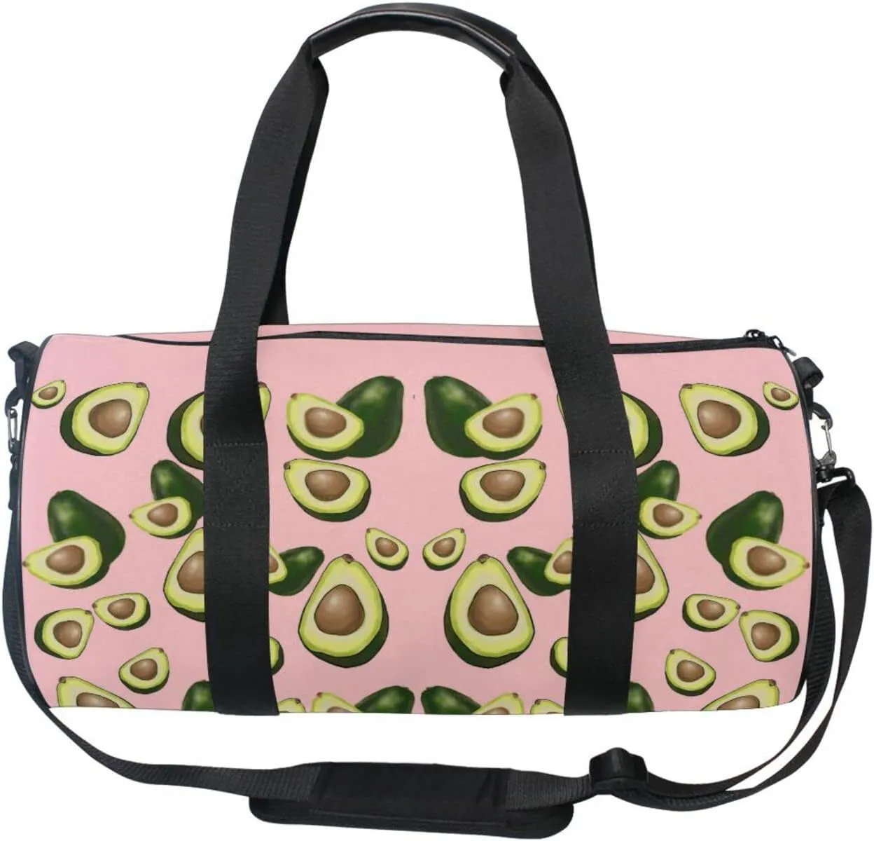 Avocado Fruits on Pink Duffel Bag, Foldable Canvas Travel Tote for Gym Sports with Inner Pockets, Durable Lightweight Fitness Bag for Overnight Workout