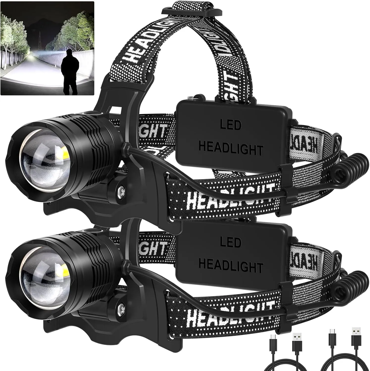 azamine LED Headlamp Rechargeable 2Pack, 3000 Lumens Bright Head Lamp, 90° Adjustable Head Lights for Forehead with 3 Modes, Long Runtime & Waterproof Headlamps for Adults Camping Hiking
