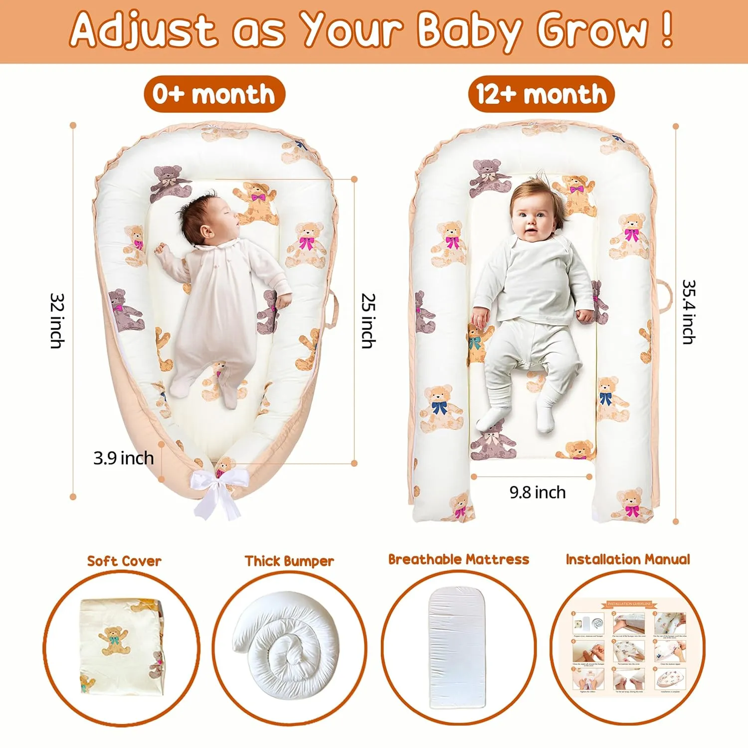 Baby Lounger for Newborn 0–24 Months, Baby Nest Co Sleeper Pillow with Breathable Cover, Portable Infant Bed for Boys & Girls, Infant Lounger for Home & Travel (Ivory Bear)