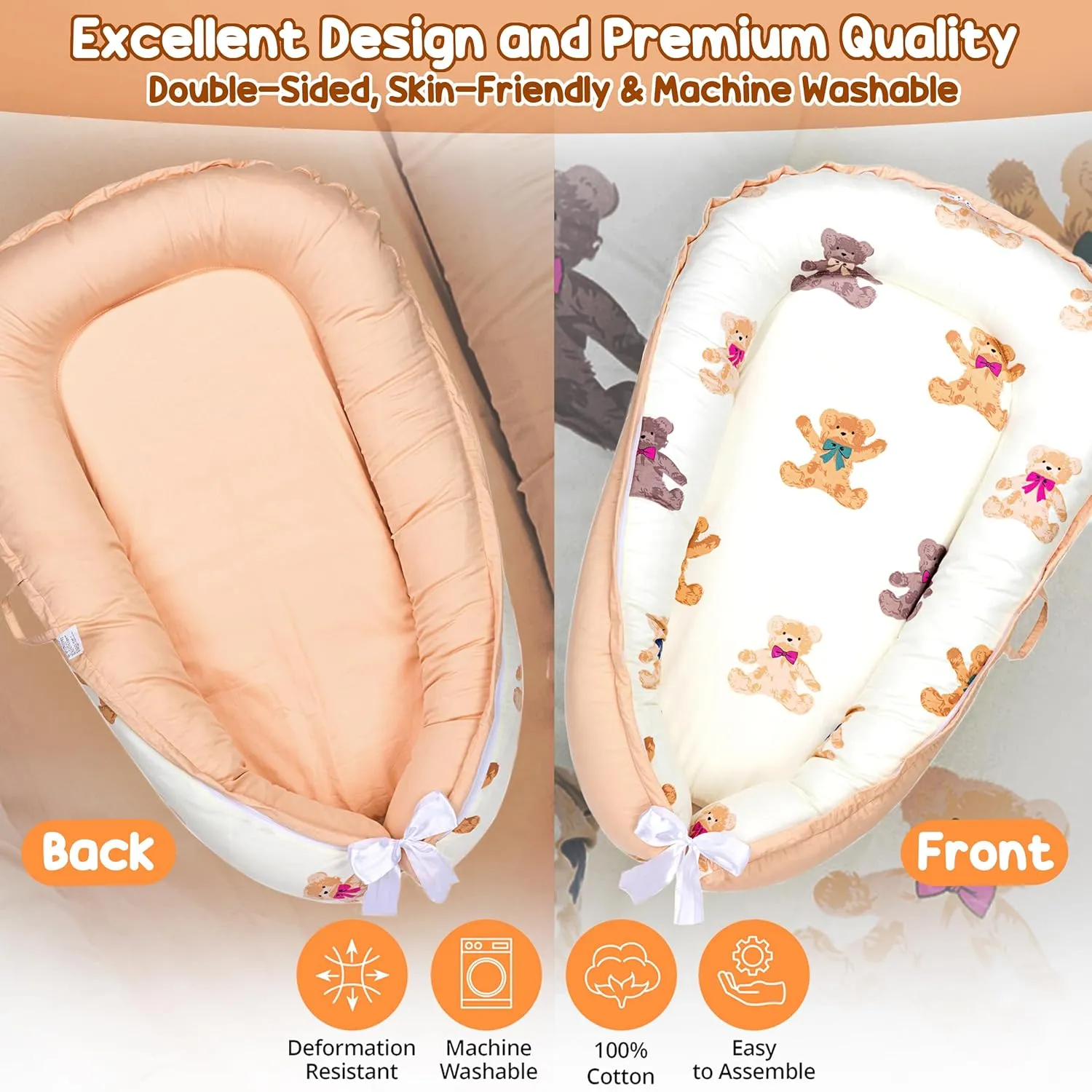 Baby Lounger for Newborn 0–24 Months, Baby Nest Co Sleeper Pillow with Breathable Cover, Portable Infant Bed for Boys & Girls, Infant Lounger for Home & Travel (Ivory Bear)