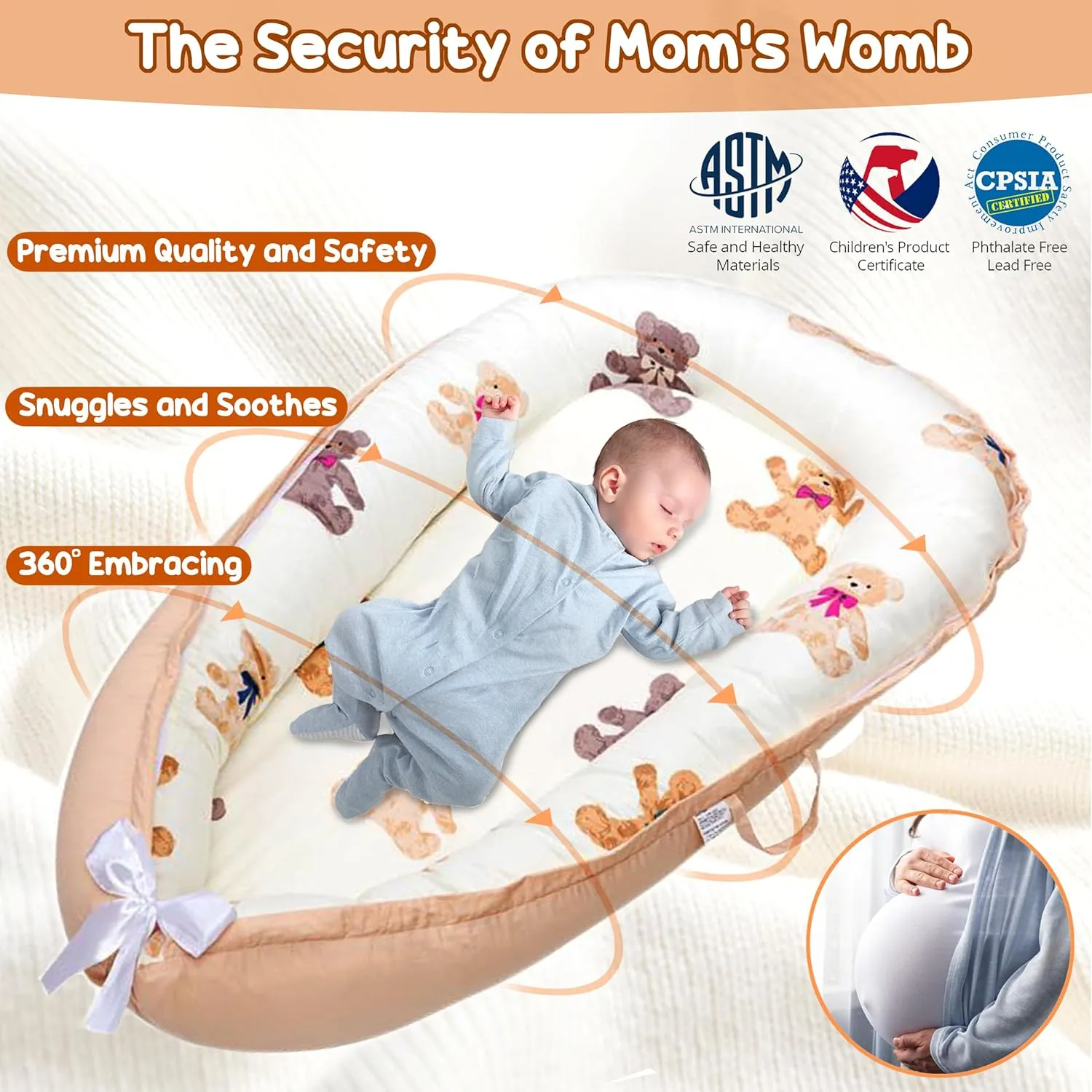 Baby Lounger for Newborn 0–24 Months, Baby Nest Co Sleeper Pillow with Breathable Cover, Portable Infant Bed for Boys & Girls, Infant Lounger for Home & Travel (Ivory Bear)