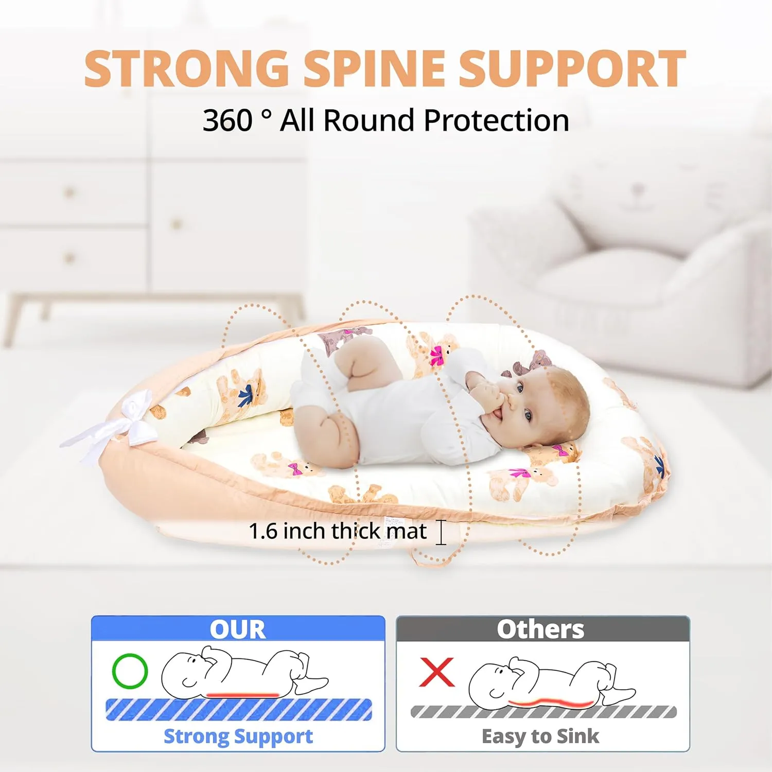 Baby Lounger for Newborn 0–24 Months, Baby Nest Co Sleeper Pillow with Breathable Cover, Portable Infant Bed for Boys & Girls, Infant Lounger for Home & Travel (Ivory Bear)